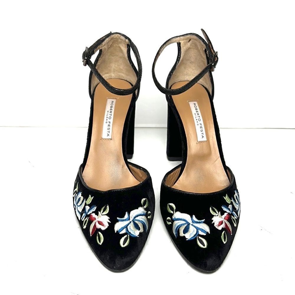 Roberto Festa Milano Black Velvet Floral Embroidered Pumps Ankle Strap IT 38 US8